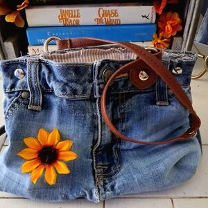 Denim Hobo Bag with Brown Strap and Sunflower Accent
